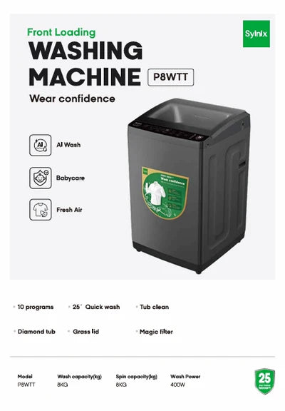 Syinix Washing Machine Front Loading AI Wash Babycare Grey 8KG P8WTT