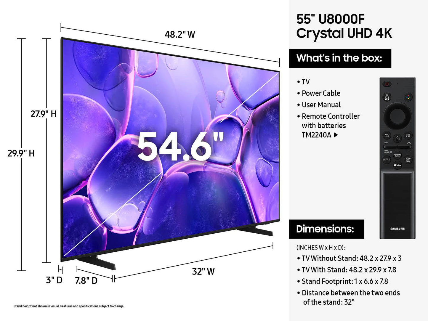 Samsung 55 Inch Crystal UHD U8000F 4K Smart TV (2025)