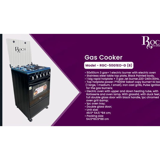 Roch RGC-50G1EO-G 50x50cm 3 Gas Burners + 1 Hotplate Cooker